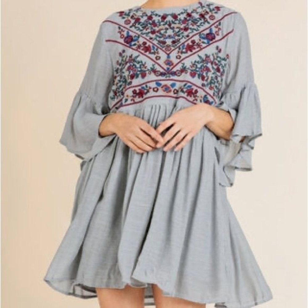 UMGEE Boho Floral Embroidered Waterfall Bell Sleeve Tunic Dress Size S